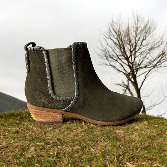 Jack Rogers NEW Green Suede Leather Booties Leather Strap Trim Women's Size 6 - Picture 1 of 11